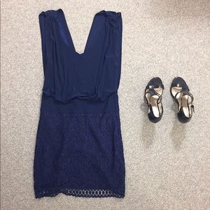 Size 2 Blue Draped Lace Sheath Dress